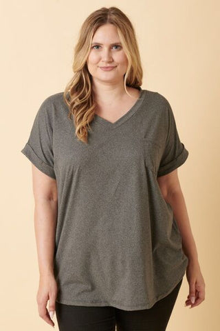 Shop Mittoshop Full Size V-Neck Rolled Short Sleeve T-Shirt Now On Klozey Store - Trendy U.S. Premium Women Apparel & Accessories And Be Up-To-Fashion!