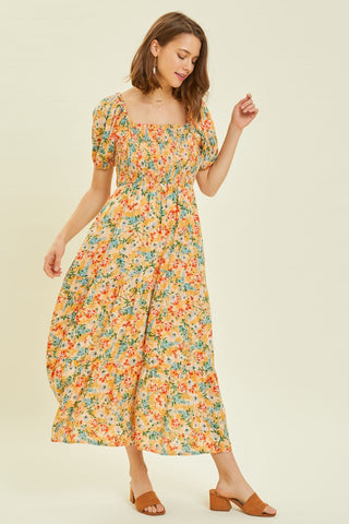 Shop HEYSON Full Size Floral Smocked Tiered Midi Dress Now On Klozey Store - Trendy U.S. Premium Women Apparel & Accessories And Be Up-To-Fashion!