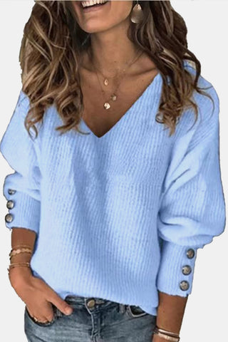 Shop V-Neck Lantern Sleeve Buttoned Sweater Now On Klozey Store - U.S. Fashion And Be Up-To-Fashion!