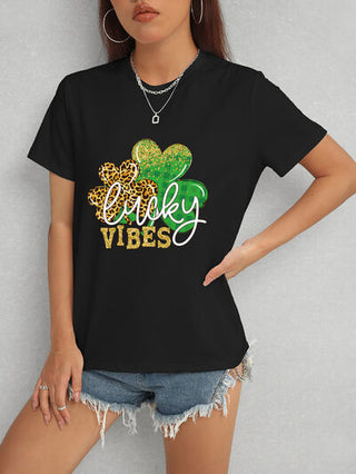Shop LUCKY VIBES Round Neck Short Sleeve T-Shirt Now On Klozey Store - Trendy U.S. Premium Women Apparel & Accessories And Be Up-To-Fashion!