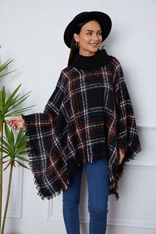 Shop Turtleneck Plaid Raw Hem Sweater Now On Klozey Store - Trendy U.S. Premium Women Apparel & Accessories And Be Up-To-Fashion!