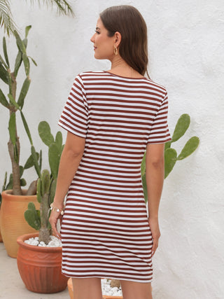 Shop Cutout Striped Round Neck Short Sleeve Dress Now On Klozey Store - Trendy U.S. Premium Women Apparel & Accessories And Be Up-To-Fashion!