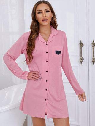 Shop Heart Graphic Lapel Collar Long Sleeve Night Dress Now On Klozey Store - Trendy U.S. Premium Women Apparel & Accessories And Be Up-To-Fashion!