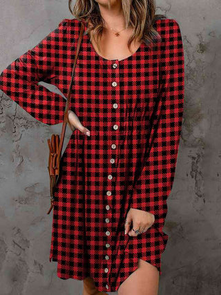 Shop Double Take Full Size Plaid Round Neck Long Sleeve Magic Dress Now On Klozey Store - Trendy U.S. Premium Women Apparel & Accessories And Be Up-To-Fashion!