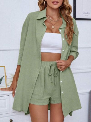 Shop Pocketed Button Up Shirt and Drawstring Shorts Set Now On Klozey Store - U.S. Fashion And Be Up-To-Fashion!