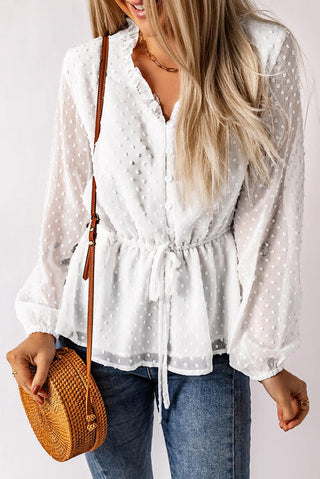 Shop Ruffle Trim Drawstring Long Sleeve Blouse Now On Klozey Store - Trendy U.S. Premium Women Apparel & Accessories And Be Up-To-Fashion!