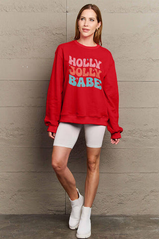 Shop Simply Love Full Size HOLLY JOLLY BABE Long Sleeve Sweatshirt Now On Klozey Store - Trendy U.S. Premium Women Apparel & Accessories And Be Up-To-Fashion!