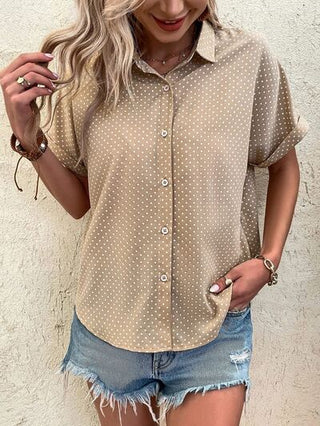 Shop Polka Dot Button Up Short Sleeve Blouse Now On Klozey Store - Trendy U.S. Premium Women Apparel & Accessories And Be Up-To-Fashion!