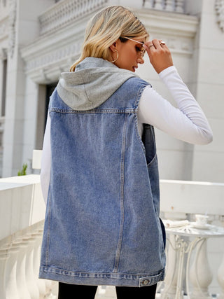Shop Drawstring Hooded Sleeveless Denim Top with Pockets Now On Klozey Store - Trendy U.S. Premium Women Apparel & Accessories And Be Up-To-Fashion!