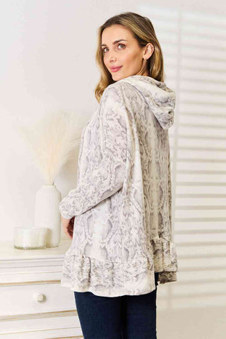 Shop Jade By Jane Full Size Snakeskin Print Ruffle Hem Hoodie Now On Klozey Store - Trendy U.S. Premium Women Apparel & Accessories And Be Up-To-Fashion!