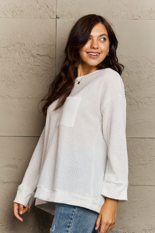 Shop Ninexis Full Size V-Neck Long Sleeve Front Pocket Blouse Now On Klozey Store - Trendy U.S. Premium Women Apparel & Accessories And Be Up-To-Fashion!