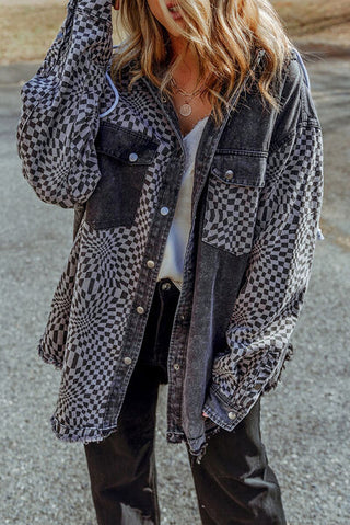 Shop Plaid Snap Down Raw Hem Drawstring Hooded Jacket Now On Klozey Store - Trendy U.S. Premium Women Apparel & Accessories And Be Up-To-Fashion!
