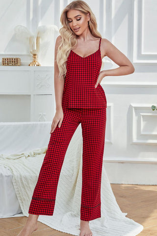 Shop Gingham V-Neck Cami and Tied Pants Lounge Set Now On Klozey Store - Trnedy U.S. Premium Women Apparel & Accessories And Be Up-To-Fashion!