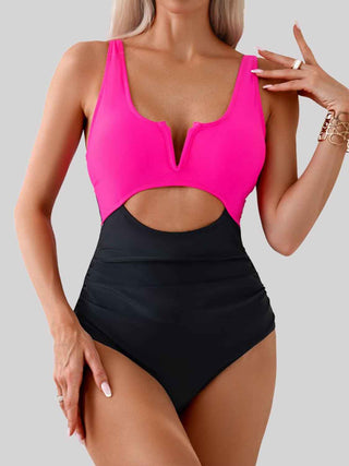Shop Tied Cutout Contrast One-Piece Swimwear Now On Klozey Store - Trendy U.S. Premium Women Apparel & Accessories And Be Up-To-Fashion!