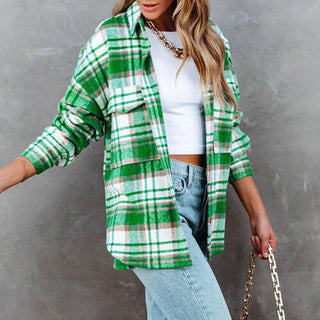 Shop Plaid High-Low Collared Neck Jacket with Pockets Now On Klozey Store - Trendy U.S. Premium Women Apparel & Accessories And Be Up-To-Fashion!