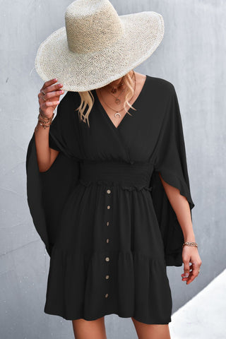 Shop Decorative Button Smocked Waist Surplice Dress Now On Klozey Store - U.S. Fashion And Be Up-To-Fashion!