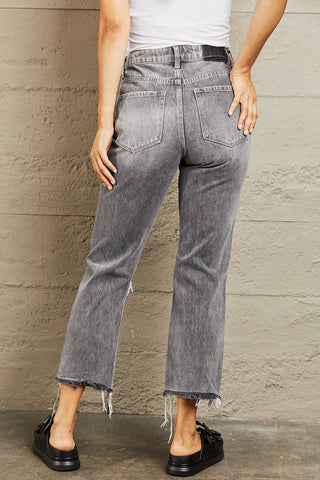 Shop BAYEAS Stone Wash Distressed Cropped Straight Jeans Now On Klozey Store - Trendy U.S. Premium Women Apparel & Accessories And Be Up-To-Fashion!