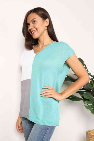Shop Double Take Color Block V-Neck Knit Top Now On Klozey Store - Trendy U.S. Premium Women Apparel & Accessories And Be Up-To-Fashion!