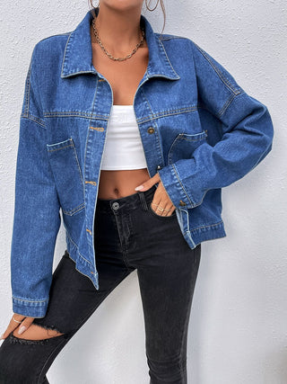 Shop Collared Neck Dropped Shoulder Denim Jacket Now On Klozey Store - Trendy U.S. Premium Women Apparel & Accessories And Be Up-To-Fashion!