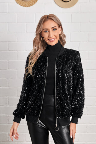 Shop Sequin Baseball Collar Zip Up Jacket Now On Klozey Store - Trendy U.S. Premium Women Apparel & Accessories And Be Up-To-Fashion!