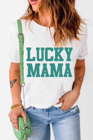 Shop LUCKY MAMA Graphic Round Neck Tee Now On Klozey Store - Trendy U.S. Premium Women Apparel & Accessories And Be Up-To-Fashion!