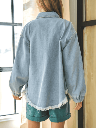 Shop Collared Neck Raw Hem Dropped Shoulder Denim Jacket Now On Klozey Store - Trendy U.S. Premium Women Apparel & Accessories And Be Up-To-Fashion!