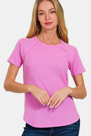 Shop Zenana Round Neck Short Sleeve Waffle T-Shirt Now On Klozey Store - Trendy U.S. Premium Women Apparel & Accessories And Be Up-To-Fashion!