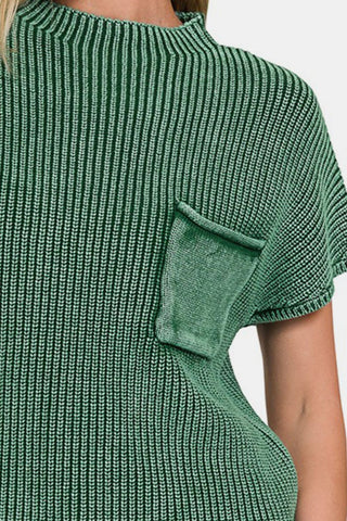 Shop Zenana Washed Mock Neck Short Sleeve Sweater Now On Klozey Store - Trendy U.S. Premium Women Apparel & Accessories And Be Up-To-Fashion!