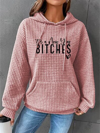 Shop Full Size IT'S A NEW YEAR BITCHES Waffle-Knit Hoodie Now On Klozey Store - Trendy U.S. Premium Women Apparel & Accessories And Be Up-To-Fashion!