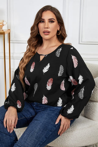 Shop Plus Size Printed Round Neck Long Sleeve Cutout Blouse Now On Klozey Store - Trendy U.S. Premium Women Apparel & Accessories And Be Up-To-Fashion!