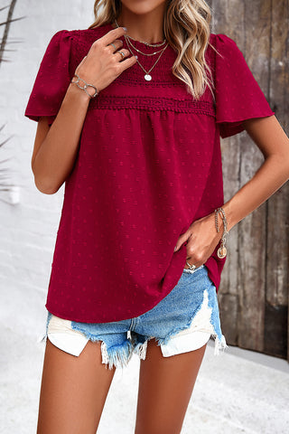 Shop Swiss Dot Smocked Round Neck Short Sleeve Blouse Now On Klozey Store - Trendy U.S. Premium Women Apparel & Accessories And Be Up-To-Fashion!