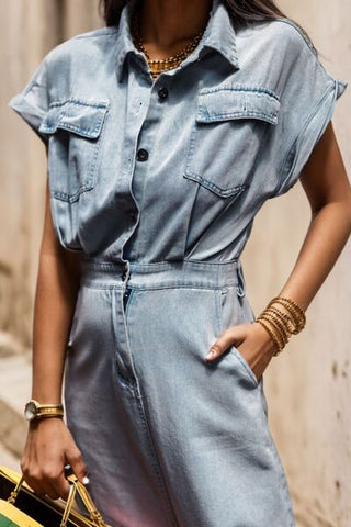 Shop Slit Pocketed Half Button Denim Dress Now On Klozey Store - Trendy U.S. Premium Women Apparel & Accessories And Be Up-To-Fashion!