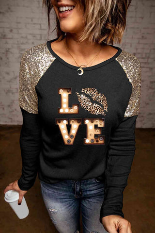 Shop LOVE Graphic Sequin Long Sleeve T-Shirt Now On Klozey Store - Trendy U.S. Premium Women Apparel & Accessories And Be Up-To-Fashion!
