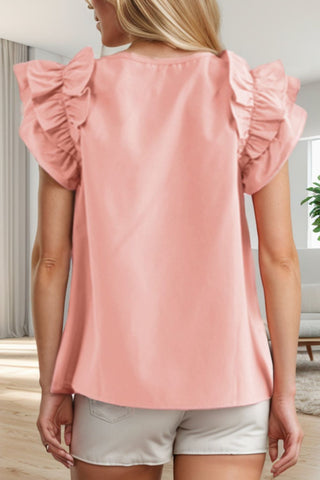 Shop Ruffled Round Neck Cap Sleeve Blouse Now On Klozey Store - Trendy U.S. Premium Women Apparel & Accessories And Be Up-To-Fashion!
