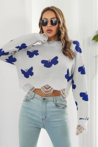 Shop Printed Round Neck Ribbed Long Sleeve Sweater Now On Klozey Store - Trendy U.S. Premium Women Apparel & Accessories And Be Up-To-Fashion!