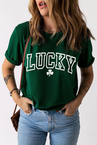 Shop LUCKY Round Neck Short Sleeve T-Shirt Now On Klozey Store - Trendy U.S. Premium Women Apparel & Accessories And Be Up-To-Fashion!