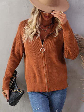 Shop Rib-Knit Zip Up Collared Cardigan Now On Klozey Store - Trendy U.S. Premium Women Apparel & Accessories And Be Up-To-Fashion!