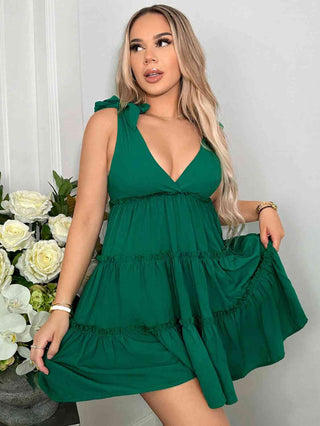 Shop Tie Shoulder Plunge Sleeveless Tiered Dress Now On Klozey Store - U.S. Fashion And Be Up-To-Fashion!