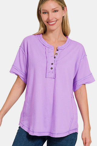 Shop Zenana Exposed Seam Half Button Short Sleeve Top Now On Klozey Store - Trendy U.S. Premium Women Apparel & Accessories And Be Up-To-Fashion!