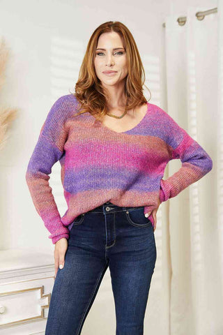 Shop Double Take Multicolored Rib-Knit V-Neck Knit Pullover Now On Klozey Store - Trendy U.S. Premium Women Apparel & Accessories And Be Up-To-Fashion!
