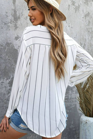 Shop Striped V-Neck High-Low Shirt with Breast Pocket Now On Klozey Store - U.S. Fashion And Be Up-To-Fashion!