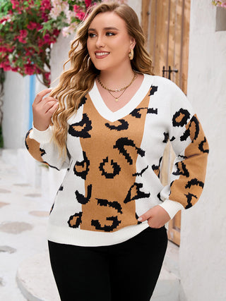Shop Plus Size Printed V-Neck Long Sleeve Sweater Now On Klozey Store - Trendy U.S. Premium Women Apparel & Accessories And Be Up-To-Fashion!