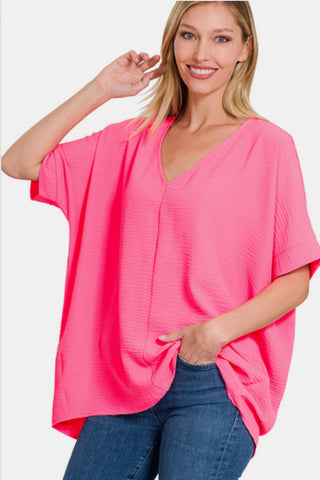 Shop Zenana V-Neck Center Seam Short Sleeve Top Now On Klozey Store - Trendy U.S. Premium Women Apparel & Accessories And Be Up-To-Fashion!