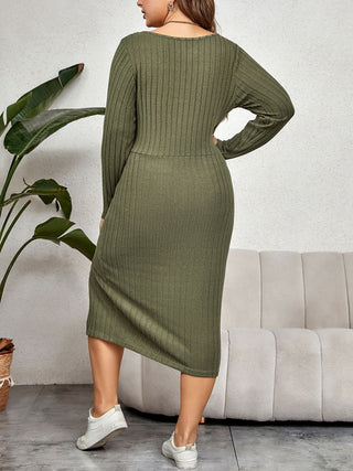 Shop Plus Size Ribbed Round Neck Twisted Slit Midi Dress Now On Klozey Store - Trendy U.S. Premium Women Apparel & Accessories And Be Up-To-Fashion!