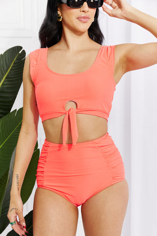 Shop Marina West Swim Sanibel Crop Swim Top and Ruched Bottoms Set in Coral Now On Klozey Store - Trendy U.S. Premium Women Apparel & Accessories And Be Up-To-Fashion!