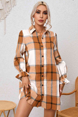 Shop Plaid Collared Neck Flounce Sleeve Shirt Dress Now On Klozey Store - Trendy U.S. Premium Women Apparel & Accessories And Be Up-To-Fashion!