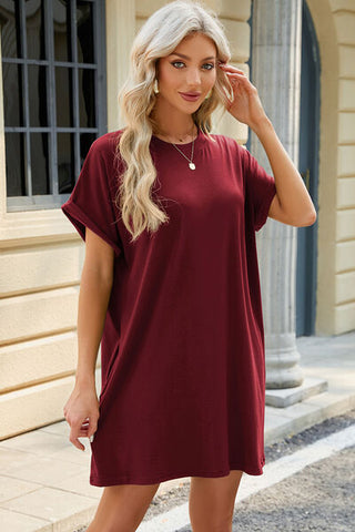 Shop Round Neck Rolled Short Sleeve Tee Dress Now On Klozey Store - Trendy U.S. Premium Women Apparel & Accessories And Be Up-To-Fashion!