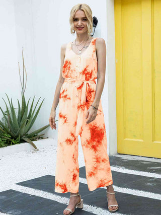 Shop Tie-Dye Tie Waist Sleeveless Jumpsuit Now On Klozey Store - Trendy U.S. Premium Women Apparel & Accessories And Be Up-To-Fashion!