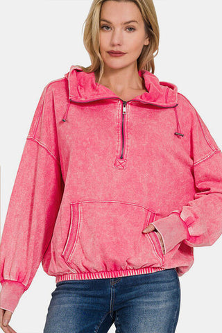 Shop Zenana Drawstring Half Zip Dropped Shoulder Hoodie Now On Klozey Store - Trendy U.S. Premium Women Apparel & Accessories And Be Up-To-Fashion!