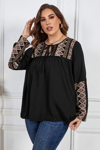 Shop Plus Size Printed Round Neck Tie Front Blouse Now On Klozey Store - Trendy U.S. Premium Women Apparel & Accessories And Be Up-To-Fashion!